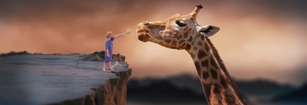 a dream landscape with a little kid feeding a giant giraffe