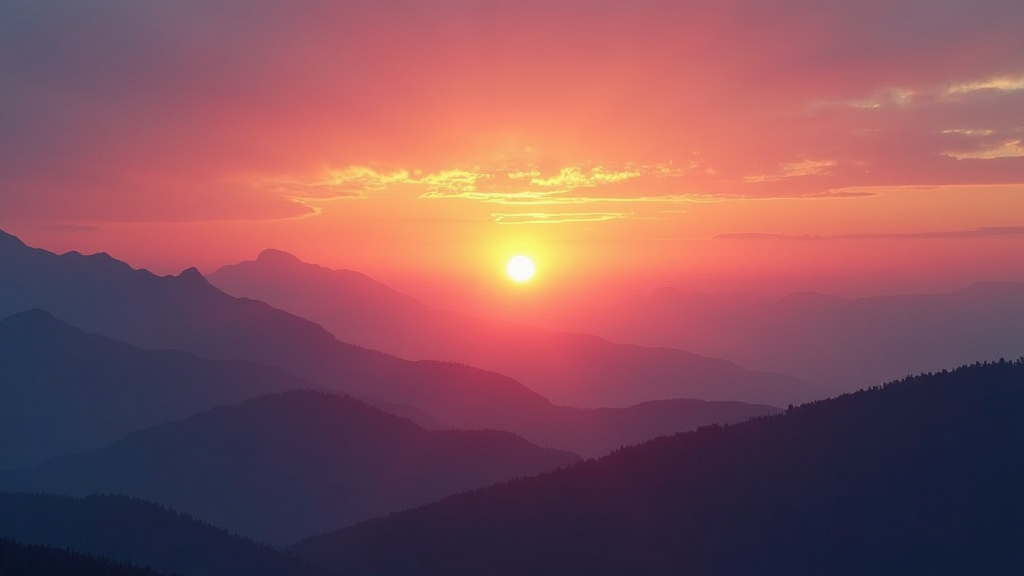 A colorful sunrise over misty mountains, symbolizing new beginnings and discovery