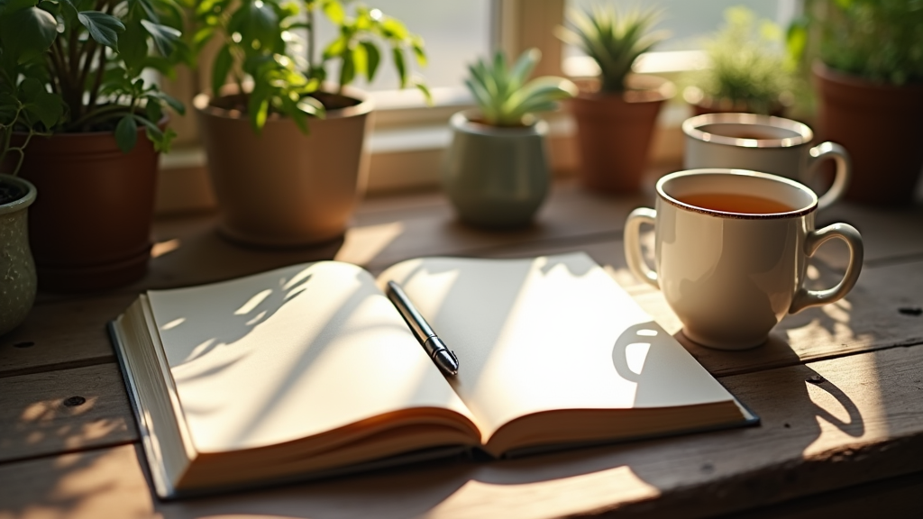 A cozy desk with an open blank journal, pen, mug of tea, and plants in soft morning light