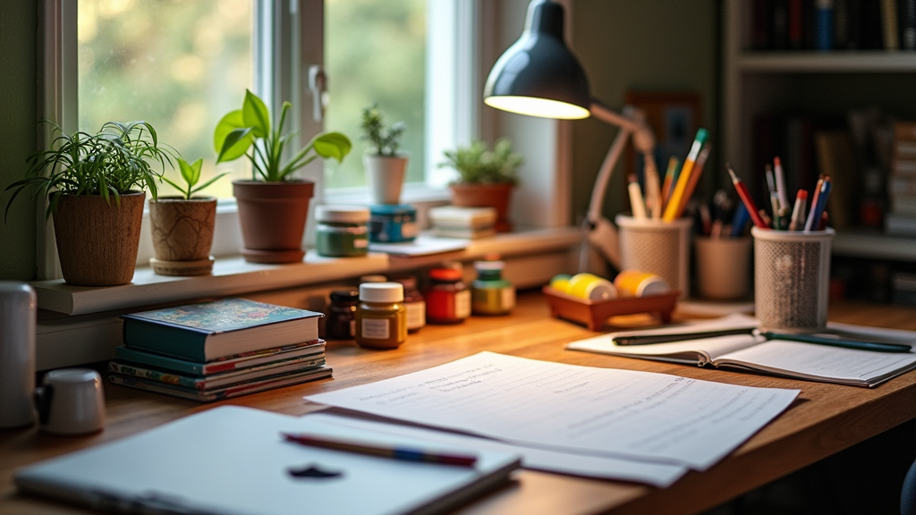 A cozy desk with various hobby supplies like paints, books, and plants, illuminated by soft natural light.