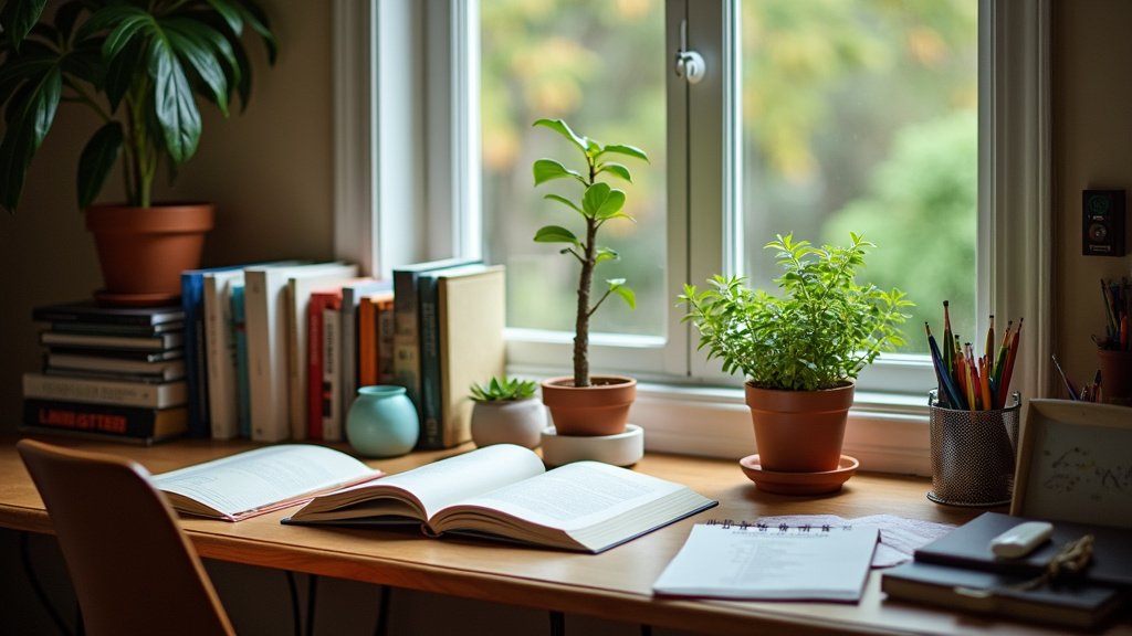 A cozy study space featuring organized desks, plants, bookshelves, and soft natural light.