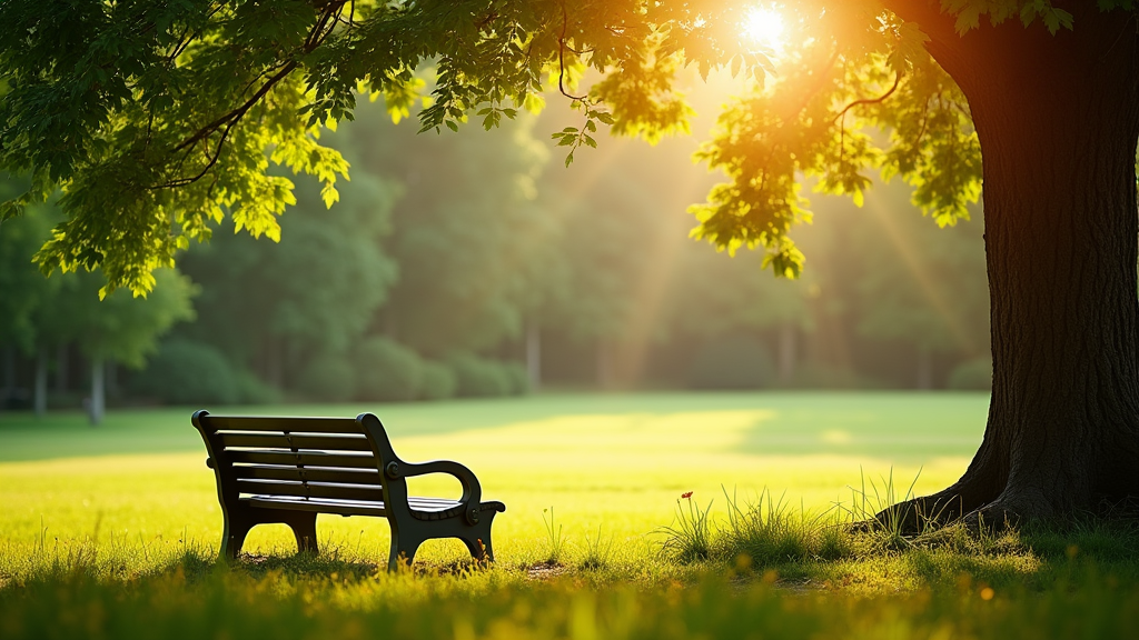 A peaceful natural setting with a bench under a tree and sunlight streaming through, capturing the calm atmosphere that reflects the renewal and energy gained from taking breaks.