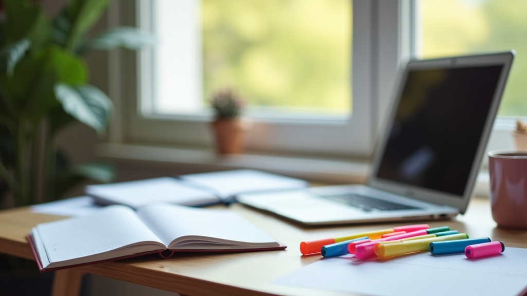 A tidy study space with open notebooks, highlighters, and a laptop on a wooden desk. Soft light from a window creates a calm, inviting atmosphere for focused studying.