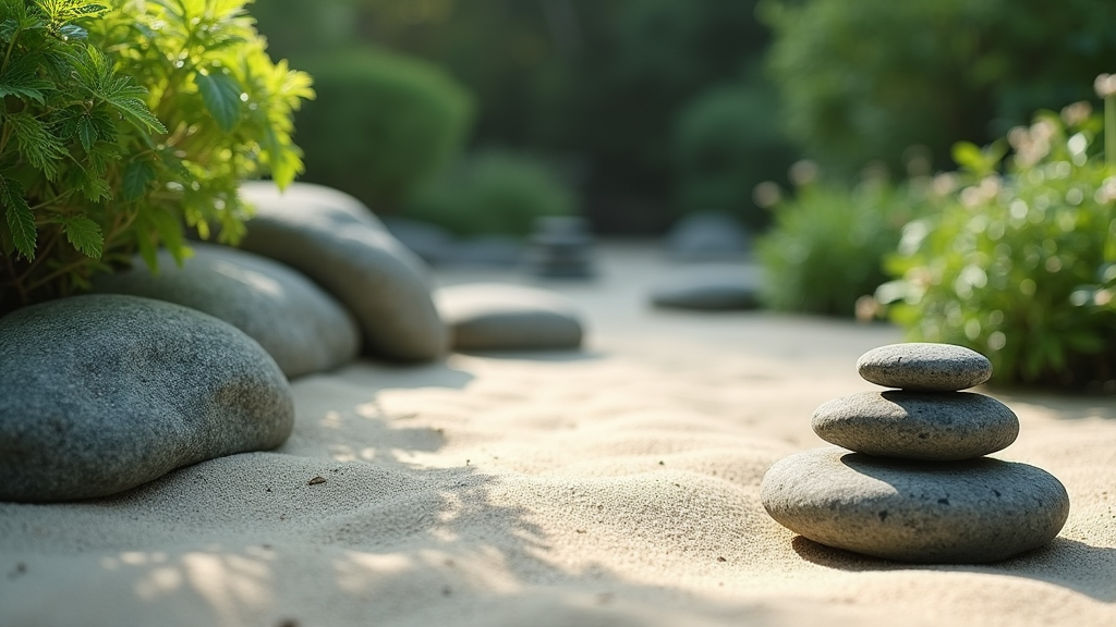 A tranquil zen garden scene with stones, raked sand, and green foliage, evoking a peaceful and calm atmosphere.