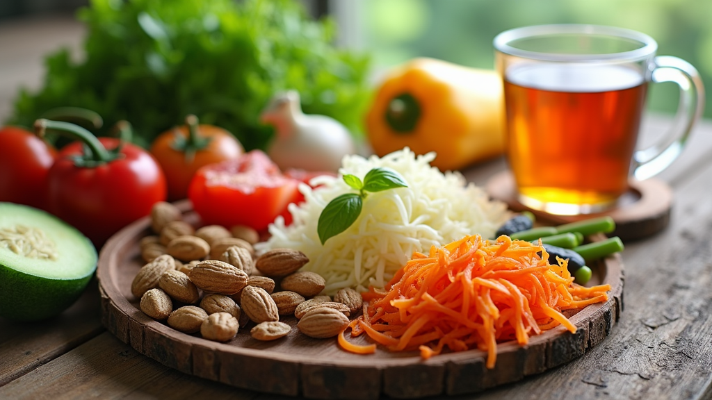 Image showing a variety of fresh foods that promote gut health, such as vegetables, yogurt, and nuts, on a wooden table alongside herbal tea with a natural backdrop.