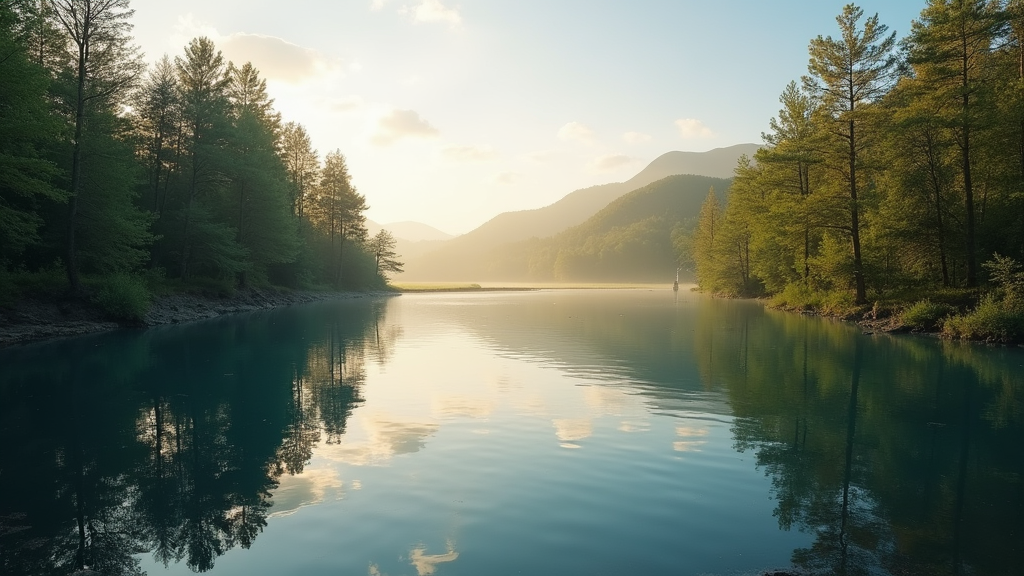 Peaceful nature scene with calm water and trees