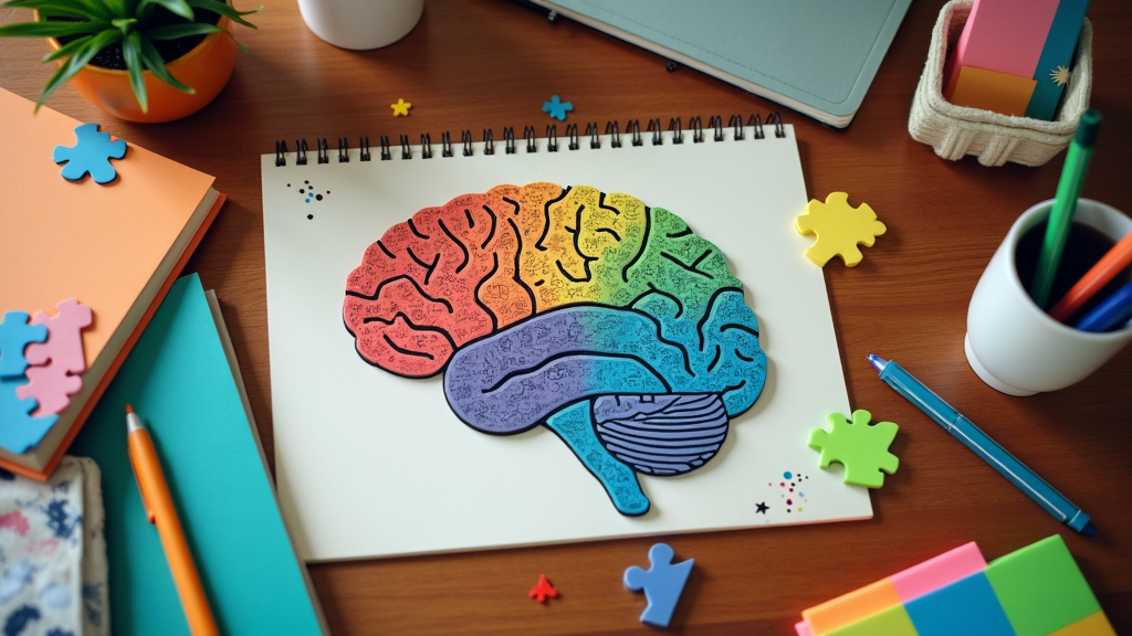 A colorful collection of notebooks, pens, and sticky notes on a wooden desk alongside a brain-shaped puzzle and study materials.