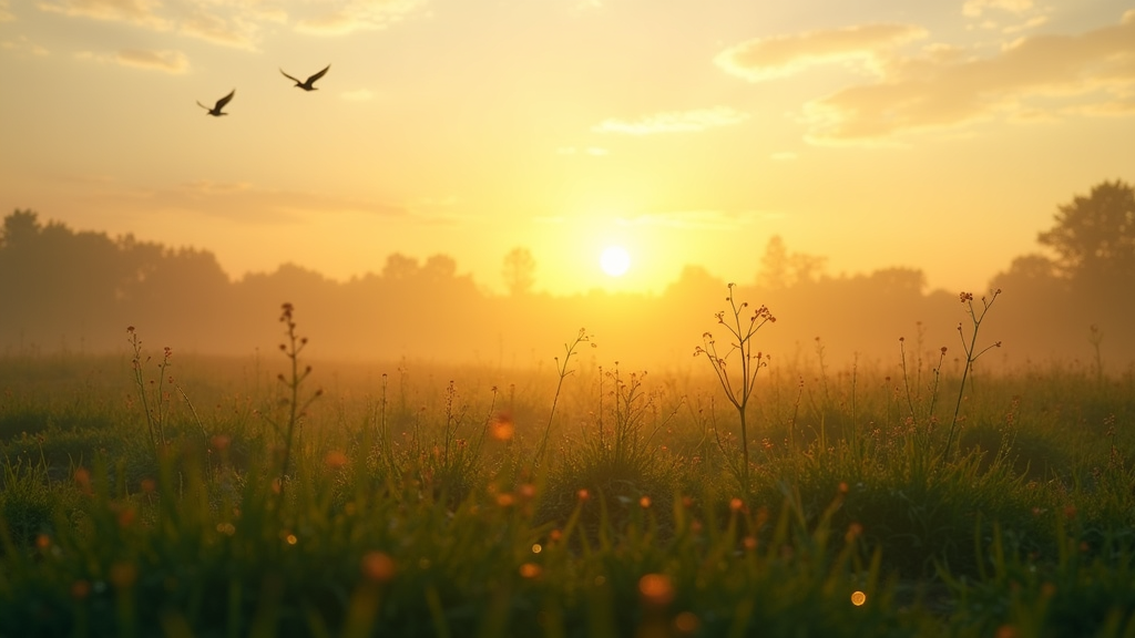 A serene landscape with sun rays breaking through clouds over a peaceful valley. Lush greenery and soft light evoke feelings of calm and appreciation.
