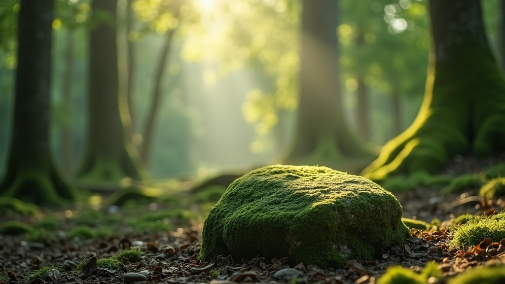 A serene scene of a mossy rock in a calm forest with gentle sunlight filtering through the trees, conveying calmness and mindfulness.