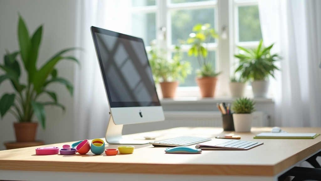 An overhead view of a tidy desk workspace with a computer, green indoor plant, and stretches bands neatly arranged on the side. A glass of water sits nearby. Soft natural light fills the workspace.