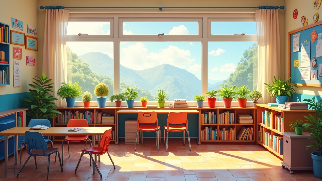 A colorful, inviting classroom environment with thoughtful decorations, collaboration spaces, and natural light.