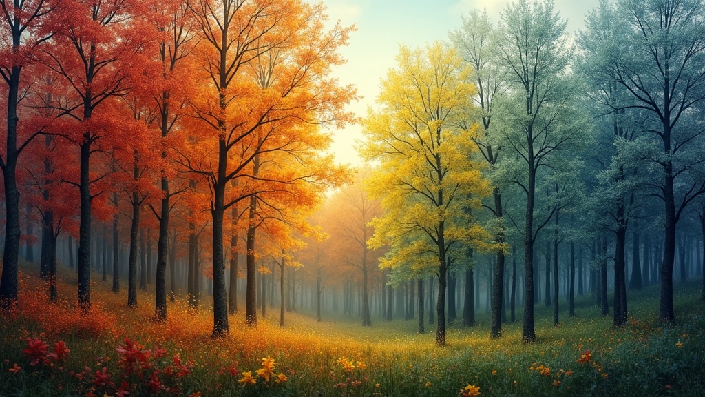 A vibrant forest in different seasons, symbolizing change and resilience in nature.