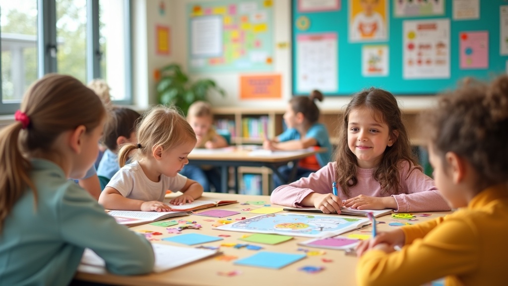 Classroom with varied learning tools, open books, and activity cards displayed on tables. Natural light enhances a colorful, dynamic environment.