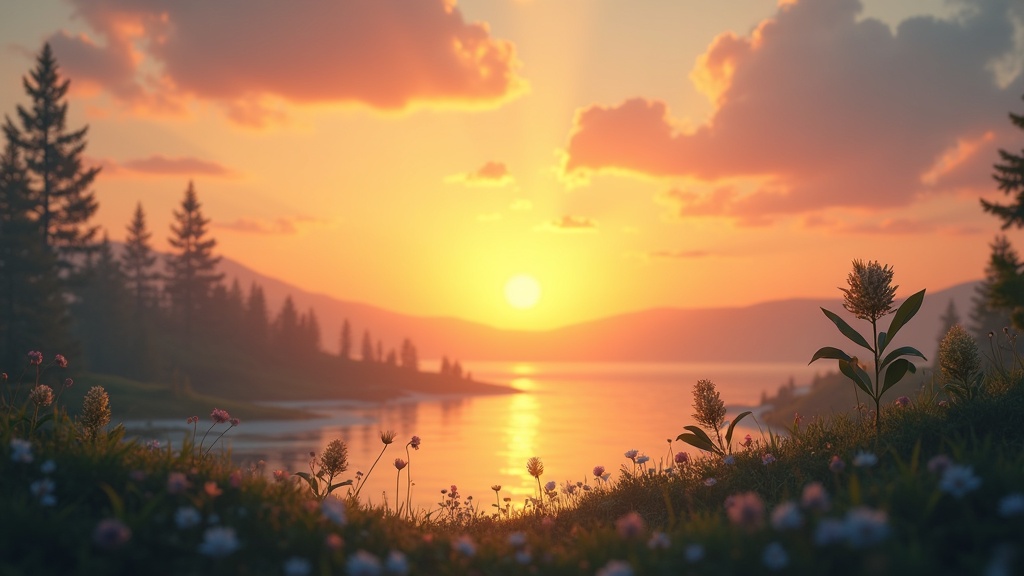 colorful sunrise viewed over a peaceful landscape with natural elements representing growth and new beginnings