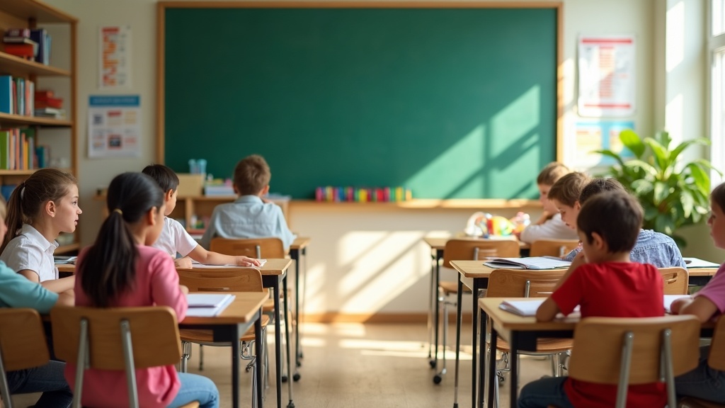 Illustration of a colorful classroom with students' desks pushed together in small groups, books and paper scattered on the tables, and bright educational posters on the walls. In the background, sunlight streams in through the windows onto a green chalkboard.