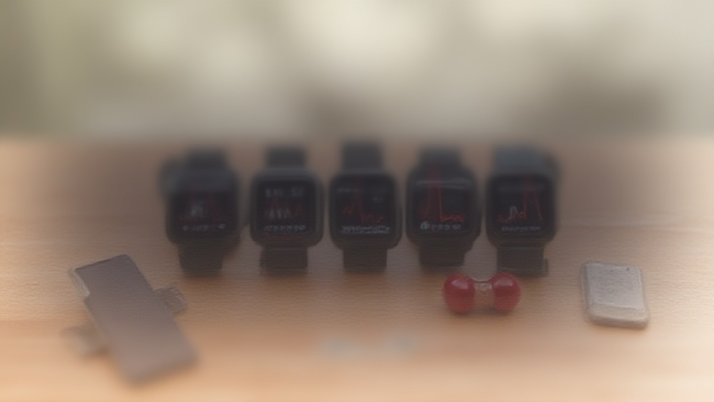 Wearable ECG monitors and smartwatches on a wooden desk with smartphone and heart symbol.